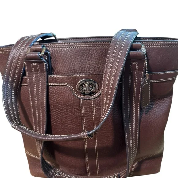 Coach Hampton Brown Pebbled Leather Tote with Structured Design and Dual Straps - Picture 1 of 12